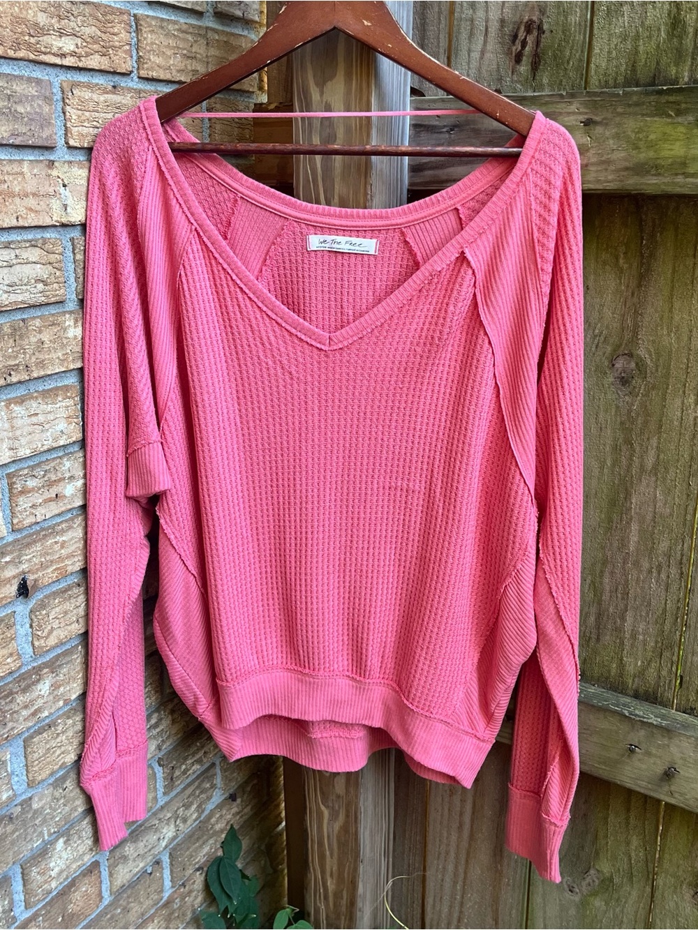 We The Free Oversized Waffle-Knit V-Neck Long Sleeve in Rose